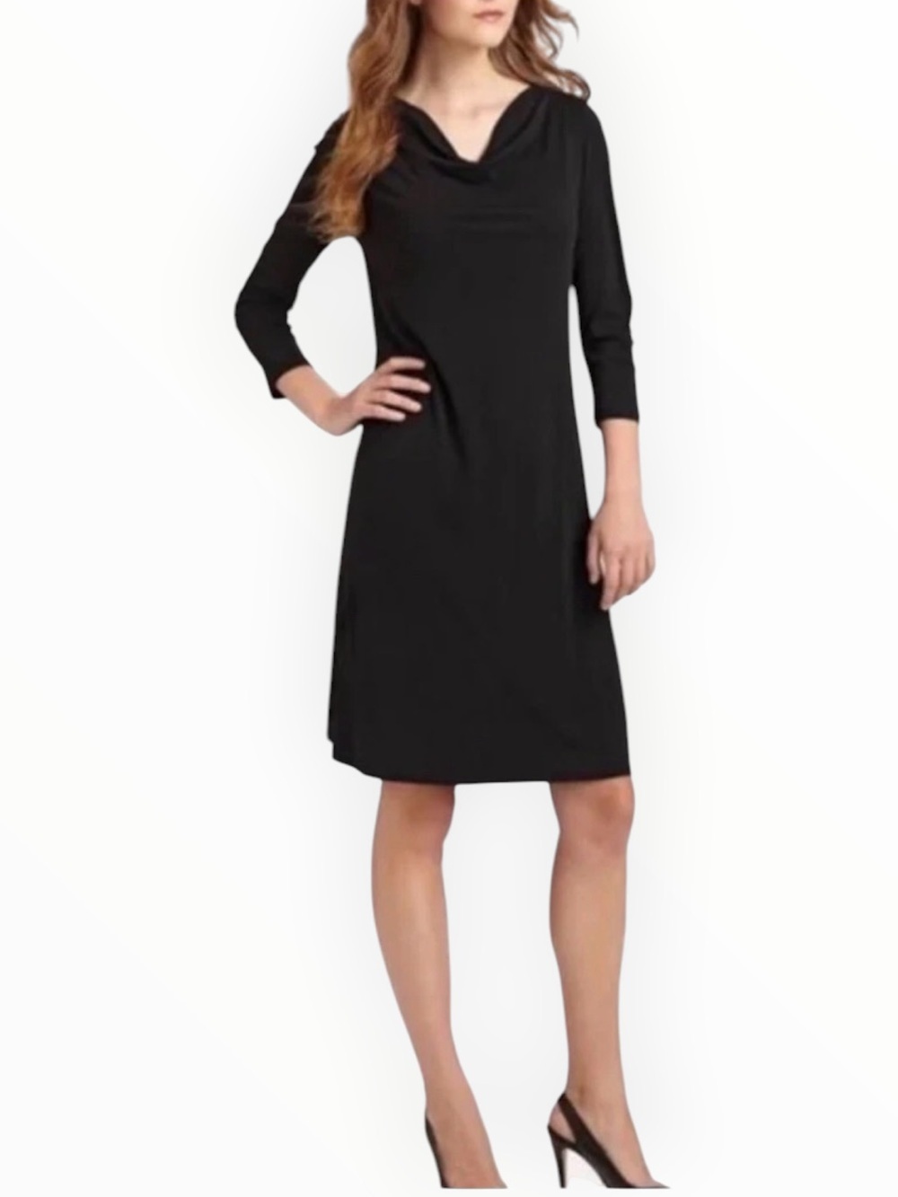 EILEEN FISHER 100% Silk Black Cowl-Neck Midi Dress 3/4 Sleeves Flowy LBD Casual